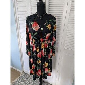 White Birch Dress Women's 1X Stretch Black Orange Yellow Floral V-Neck Flounce